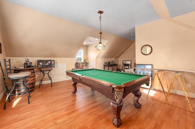 playroom featuring wood-type flooring, lofted ceiling, and pool table