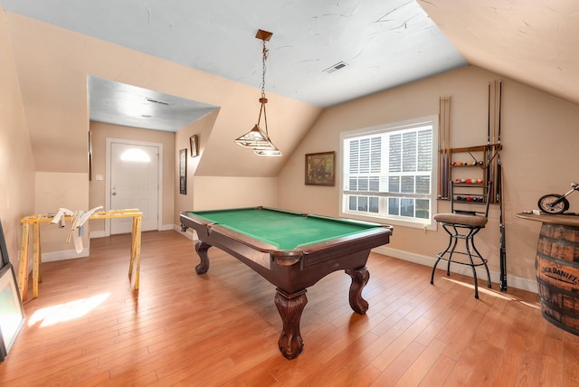 playroom featuring wood-type flooring, lofted ceiling, and billiards