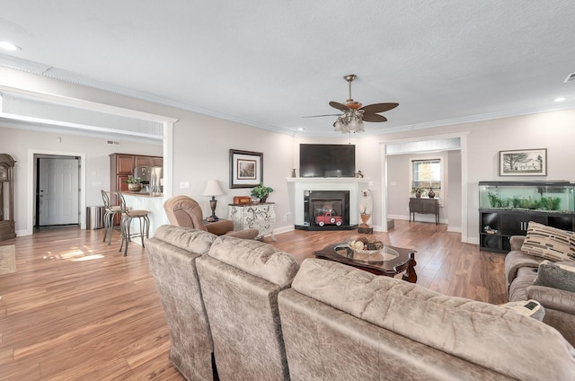 living room featuring ceiling fan, ornamental molding, a textured ceiling, and light wood-type flooring