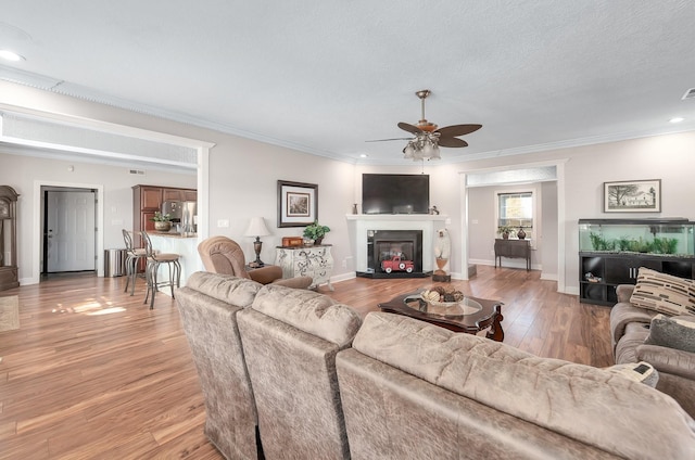 304 China Grove Rd, Rutherford, TN 38369 - living room with a ceiling fan, ornamental molding, light wood-style floors, recessed lighting, and a glass covered fireplace