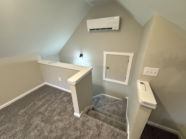 staircase with carpet flooring, lofted ceiling, and a wall unit AC