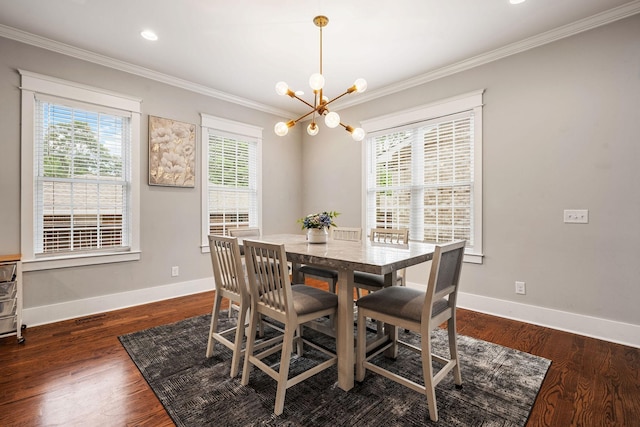 dining space with a notable chandelier, ornamental molding, and dark wood-type flooring