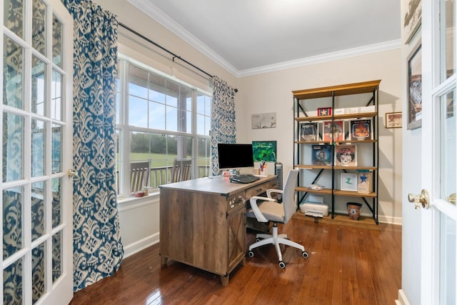 office featuring dark hardwood / wood-style floors and ornamental molding