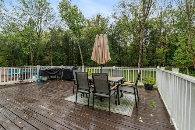 deck featuring a fenced in pool and grilling area