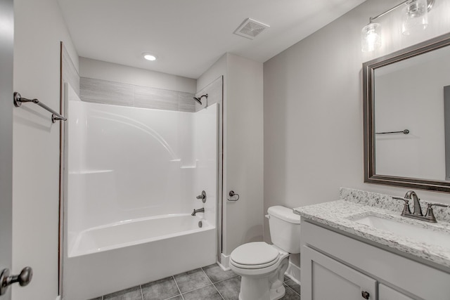 full bathroom with toilet, vanity, shower / bath combination, and tile patterned floors