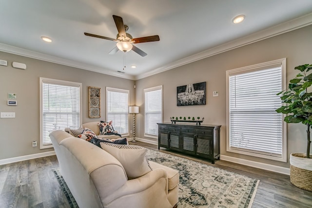 living room with plenty of natural light, dark hardwood / wood-style floors, and ornamental molding