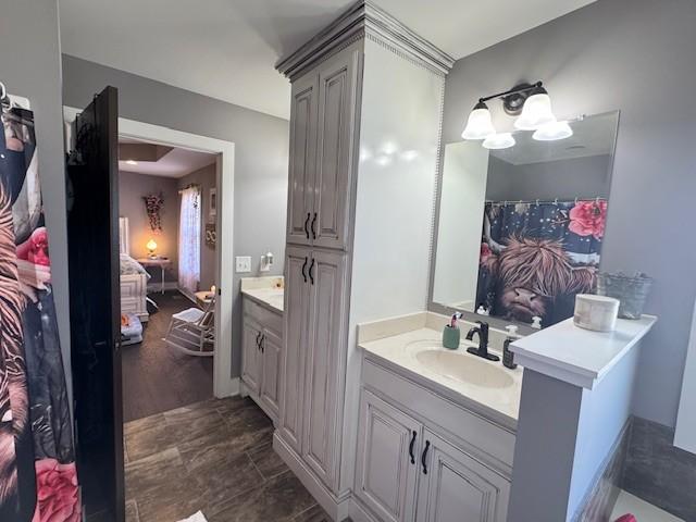 bathroom featuring hardwood / wood-style flooring and vanity