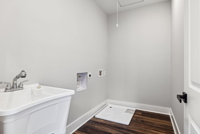 laundry room featuring hookup for an electric dryer, hookup for a washing machine, sink, and hardwood / wood-style floors