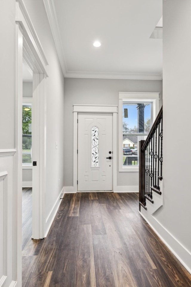 foyer entrance featuring crown molding and dark wood-type flooring