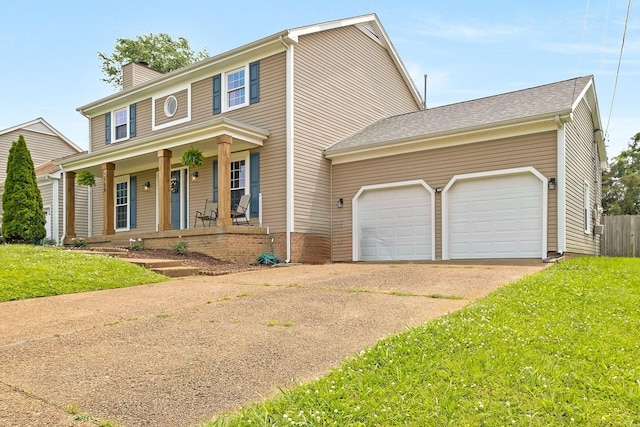 colonial-style house featuring covered porch, a garage, and a front lawn