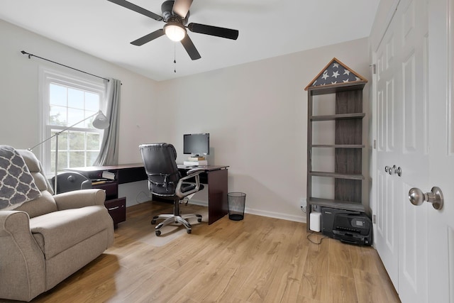 office featuring light hardwood / wood-style floors and ceiling fan