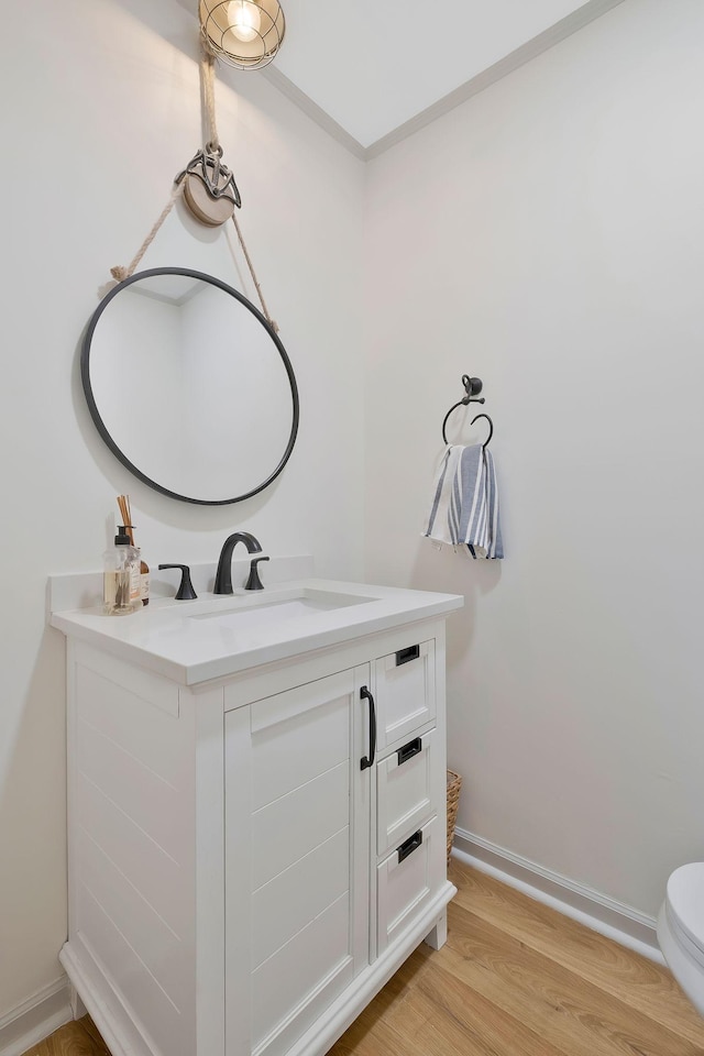 bathroom with hardwood / wood-style flooring and vanity