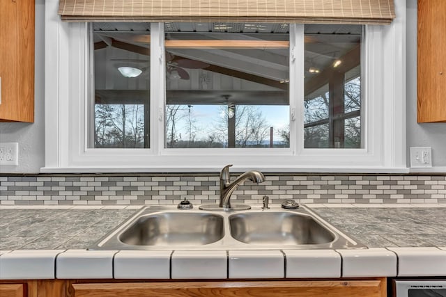 interior details featuring tasteful backsplash and sink