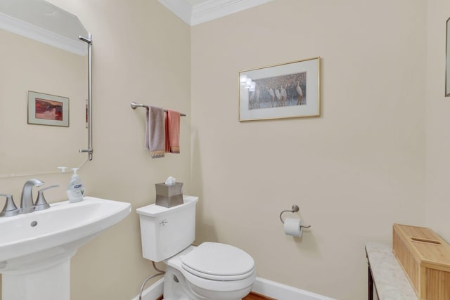 bathroom featuring sink, toilet, and crown molding