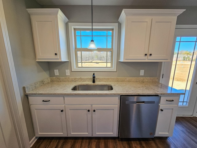 kitchen with dishwasher, white cabinetry, sink, and dark wood-type flooring