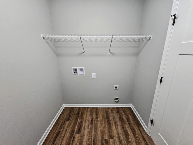 clothes washing area with dark hardwood / wood-style flooring, hookup for a washing machine, and hookup for an electric dryer