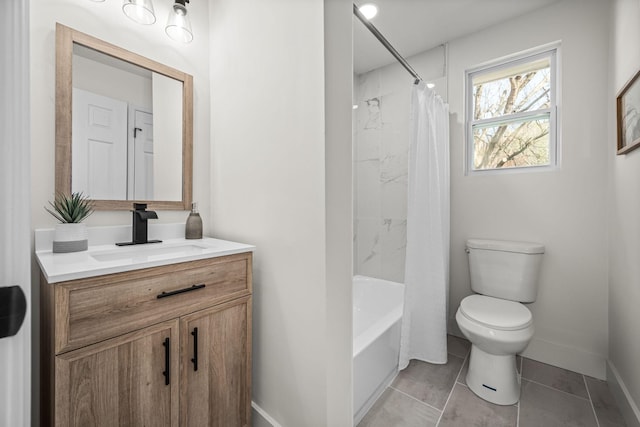 full bathroom featuring tile patterned floors, shower / bathtub combination with curtain, vanity, and toilet