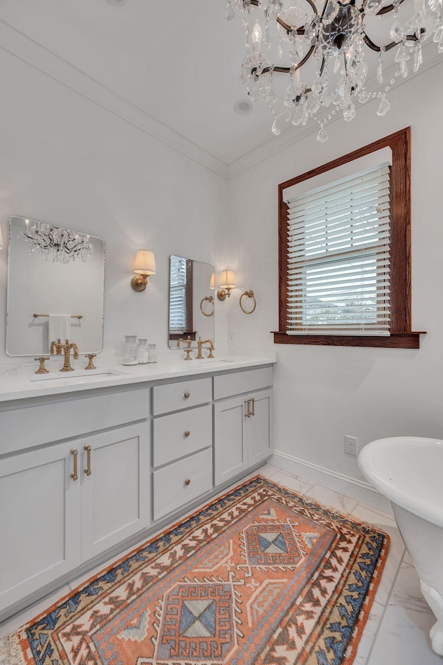 bathroom featuring vanity, a tub, and crown molding