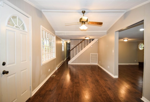 interior space featuring dark hardwood / wood-style floors, ceiling fan, lofted ceiling, and a baseboard radiator