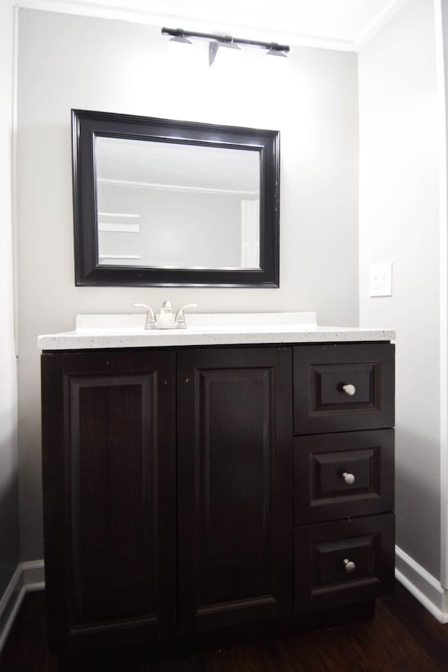 bathroom featuring vanity, wood-type flooring, and ornamental molding