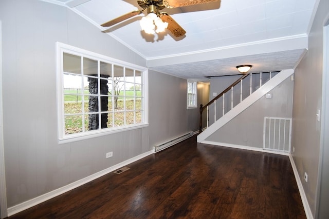 unfurnished room featuring lofted ceiling, dark wood-type flooring, ceiling fan, and a baseboard heating unit