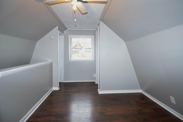 additional living space featuring ceiling fan, dark hardwood / wood-style flooring, and lofted ceiling