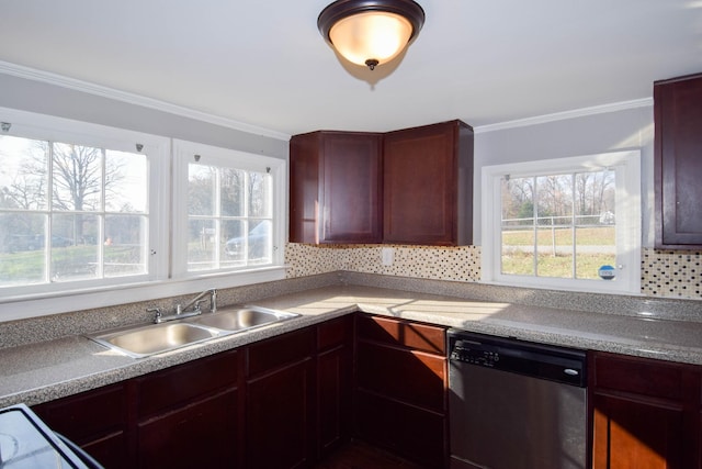 kitchen with stainless steel dishwasher, plenty of natural light, ornamental molding, and tasteful backsplash