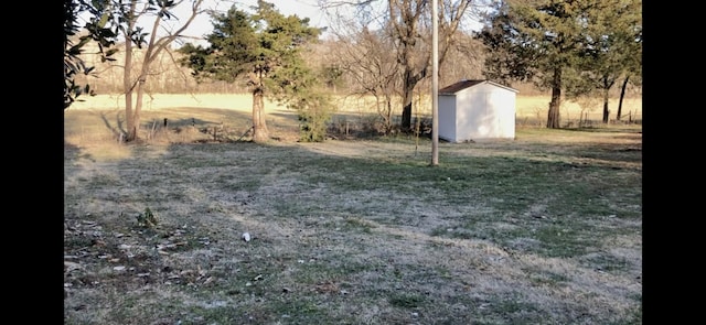 view of yard featuring a storage shed