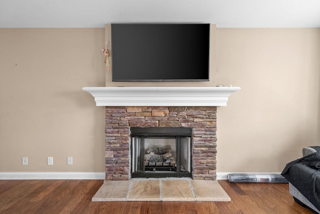 details featuring hardwood / wood-style floors and a stone fireplace