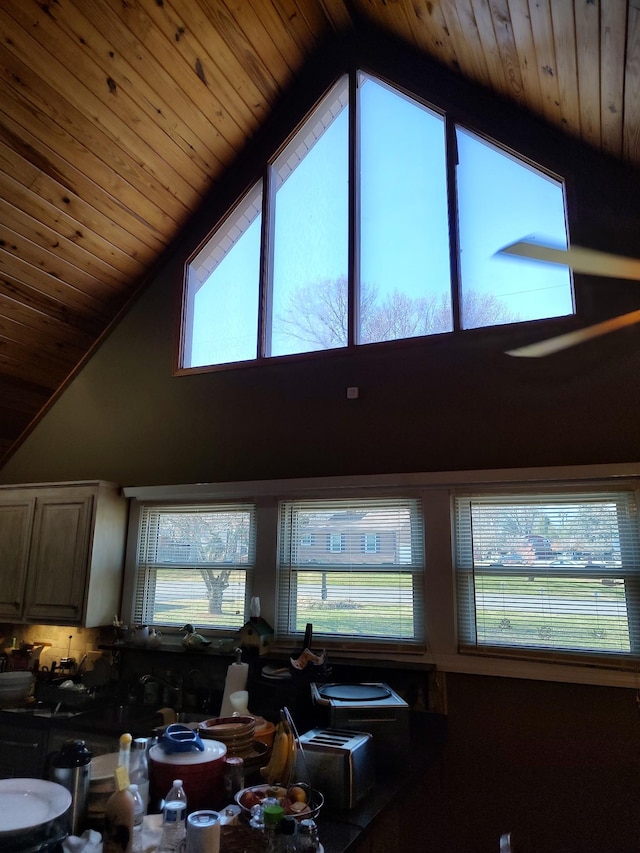 kitchen with high vaulted ceiling, wood ceiling, and a wealth of natural light