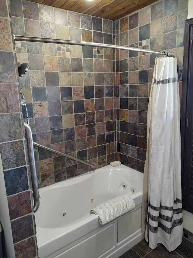 bathroom with wood ceiling and shower / tub combo