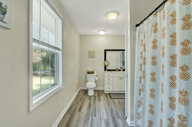 bathroom featuring hardwood / wood-style floors, vanity, toilet, and a healthy amount of sunlight