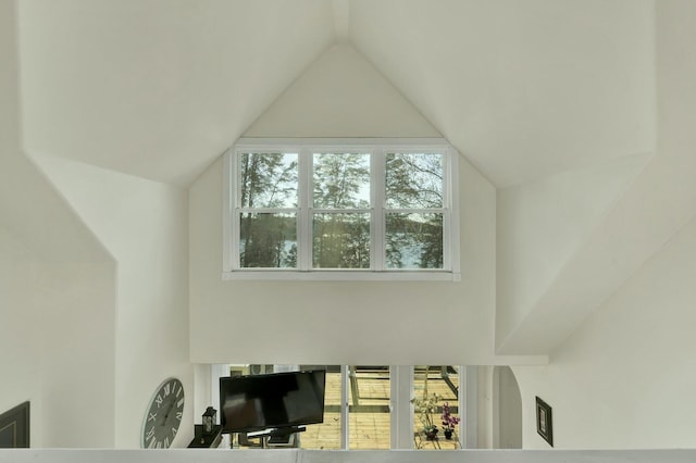 living room with a wealth of natural light and vaulted ceiling