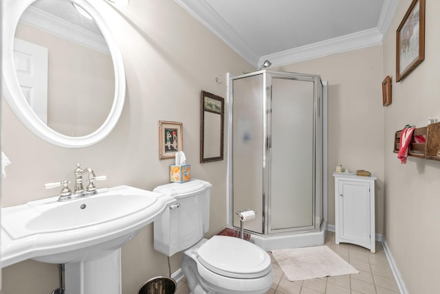 bathroom with a shower with door, tile patterned floors, sink, crown molding, and toilet