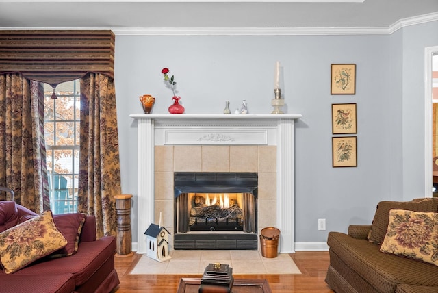 living room featuring crown molding, a fireplace, and light hardwood / wood-style flooring