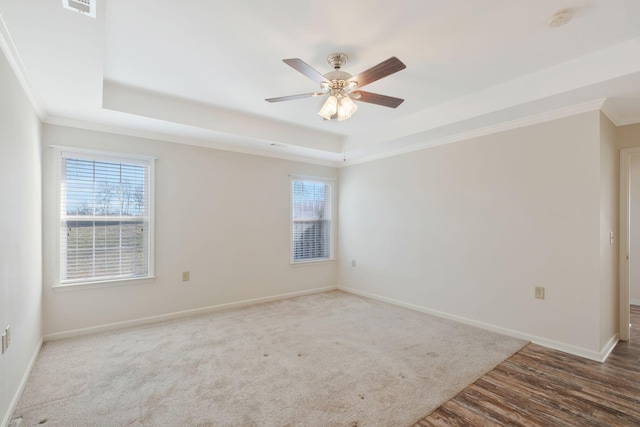 spare room featuring dark hardwood / wood-style flooring, a tray ceiling, a wealth of natural light, and ornamental molding