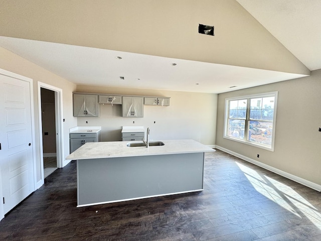 kitchen with sink, gray cabinetry, a kitchen island with sink, and dark hardwood / wood-style flooring