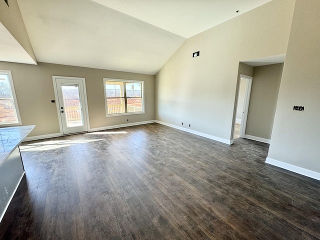 unfurnished living room featuring dark hardwood / wood-style flooring and vaulted ceiling