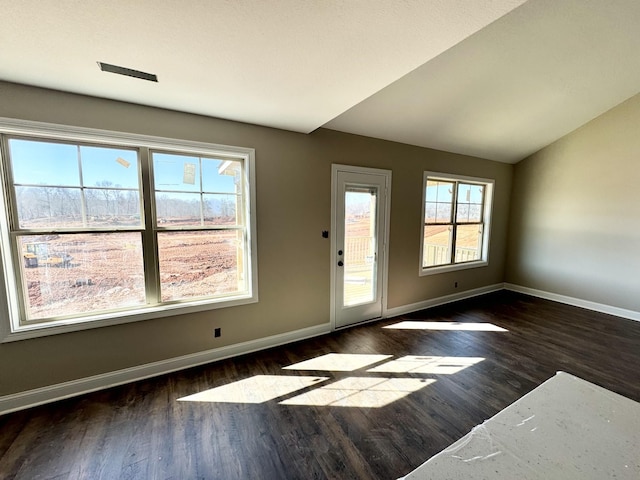 interior space with lofted ceiling and dark wood-type flooring