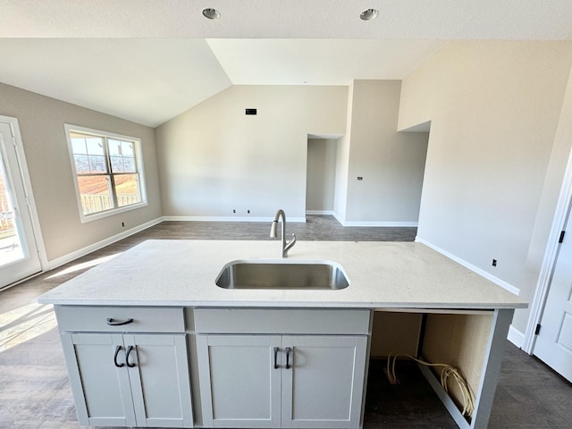 kitchen with sink, vaulted ceiling, light stone countertops, and a center island with sink