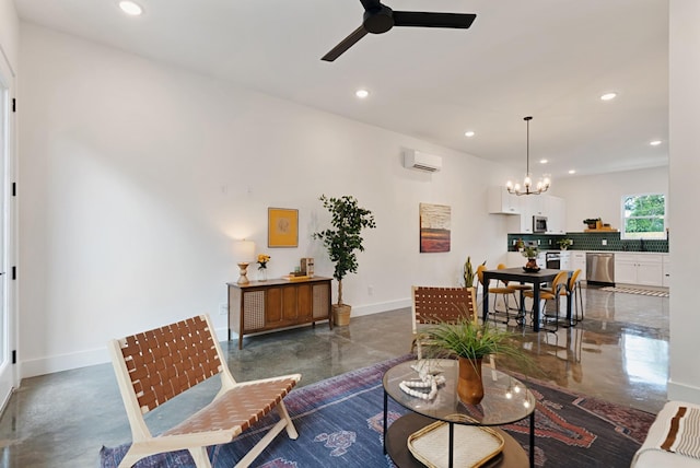 living room featuring a wall mounted AC and ceiling fan with notable chandelier