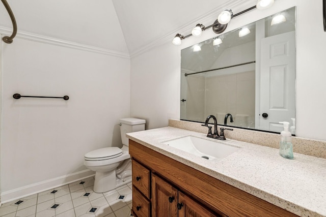 bathroom with a shower, crown molding, lofted ceiling, toilet, and vanity