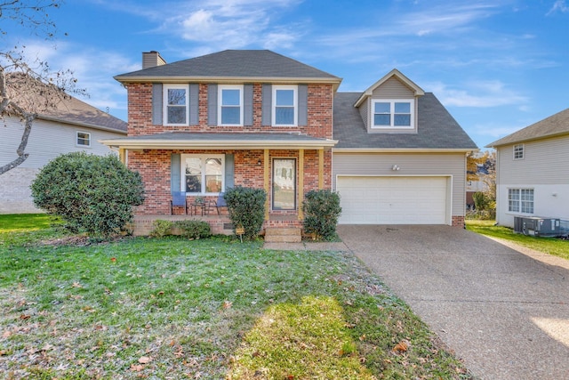 view of front of property featuring central AC, covered porch, and a front lawn