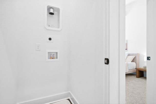 clothes washing area with hookup for an electric dryer, washer hookup, and carpet floors