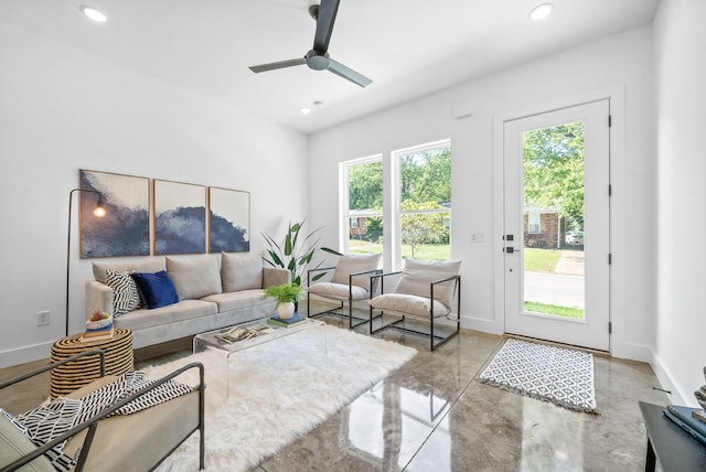 living room featuring ceiling fan