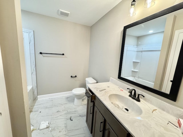 full bathroom featuring visible vents, baseboards, toilet, marble finish floor, and vanity