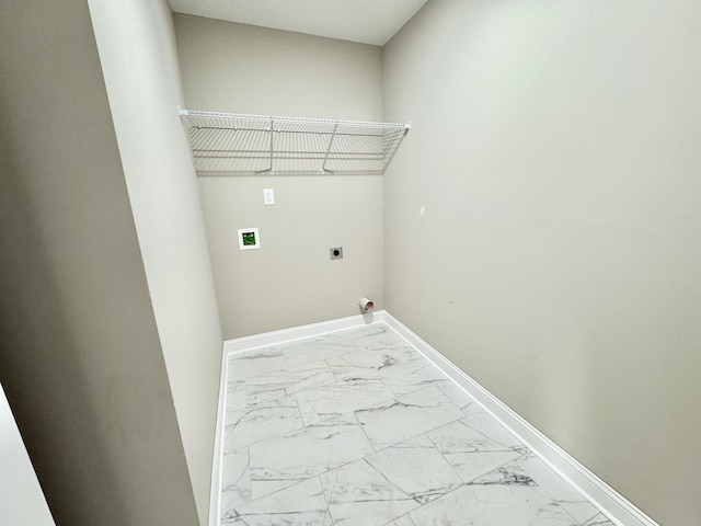 laundry room featuring washer hookup, baseboards, marble finish floor, and hookup for an electric dryer