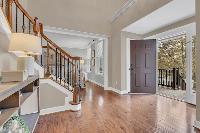 entrance foyer with hardwood / wood-style flooring and ornamental molding