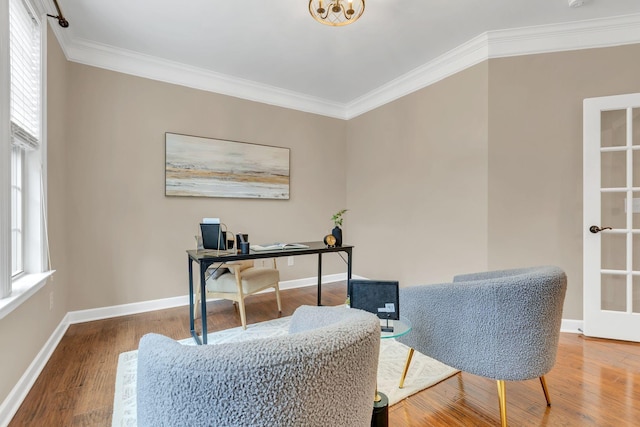 office with hardwood / wood-style floors and crown molding