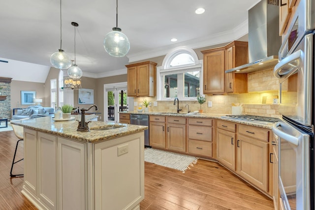 kitchen featuring sink, light hardwood / wood-style flooring, wall chimney exhaust hood, an island with sink, and stainless steel appliances